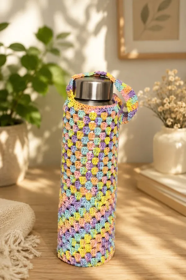 Multicolour_Crochet_Yarn_Water_Bottle_Holder_For_Home,_Travel,_Daily_Use