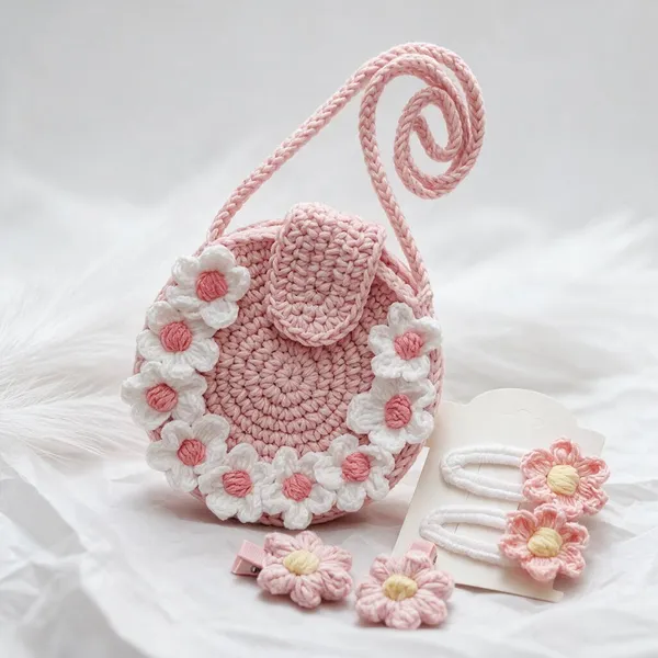 Pink_And_White_Crochet_Yarn_Bag_And_Hair_Accessory_Set_For_Women,_Hair_Styling,_Daily_Wear_Pack_Of_3