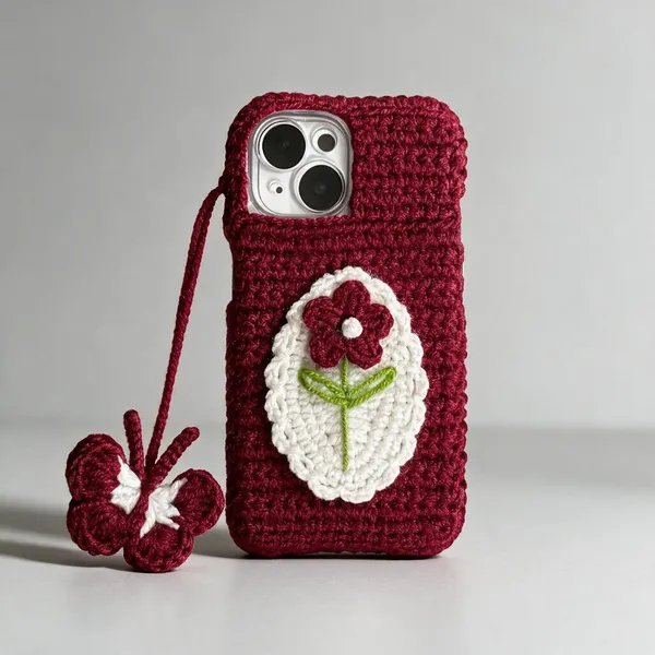 Maroon_And_White_Crochet_Yarn_Phone_Cover_For_Women,_Phone_Accessories,_Protection