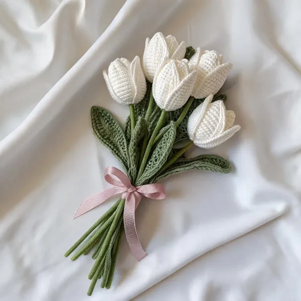 White_And_Green_Crochet_Yarn_Artificial_Flower_Bouquet_For_Home_Decor,_Gifting,_Decorative_Use