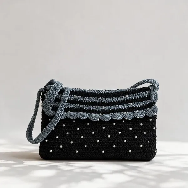 Black_Crochet_Yarn_Shoulder_Bag_For_Women,_Daily_Wear,_Fashion
