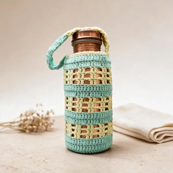 Teal_And_White_Crochet_Yarn_Water_Bottle_Holder_For_Travel,_Daily_Use,_Outdoor_Use
