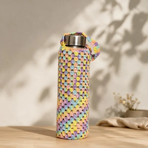 Multicolour_Crochet_Yarn_Water_Bottle_Holder_For_Home,_Travel,_Daily_Use