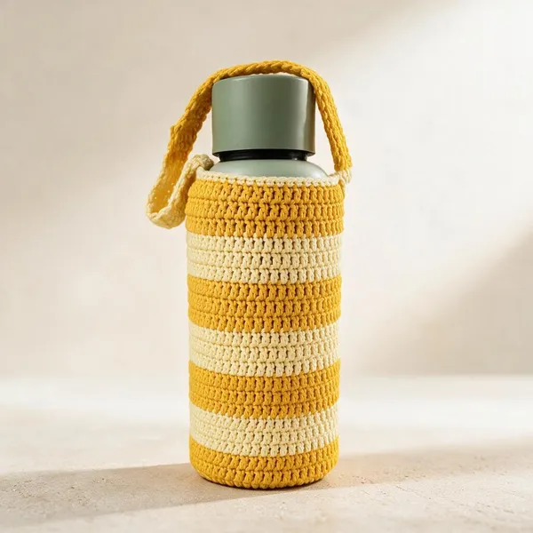 Yellow_Crochet_Yarn_Water_Bottle_Holder_For_Travel,_Daily_Use,_Outdoor_Use