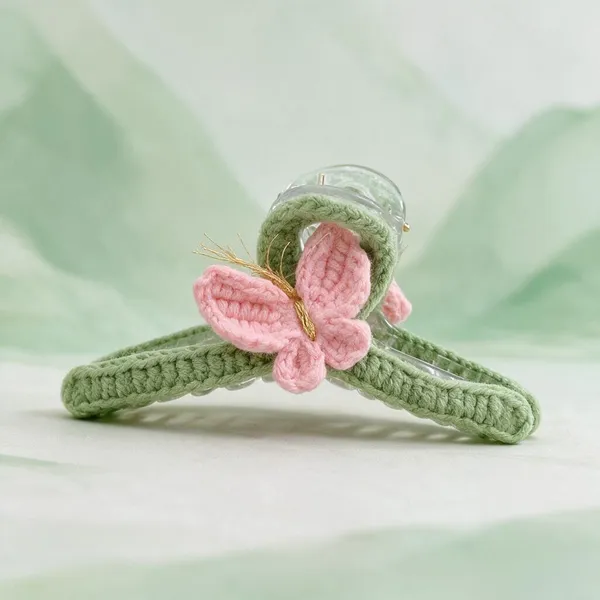 Pink_And_Green_Crochet_Yarn_Hair_Clip_For_Girls,_Hair_Styling,_Daily_Wear
