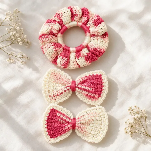 Pink_Crochet_Yarn_Hair_Accessory_Set_For_Women,_Hair_Styling,_Daily_Wear_Pack_Of_3