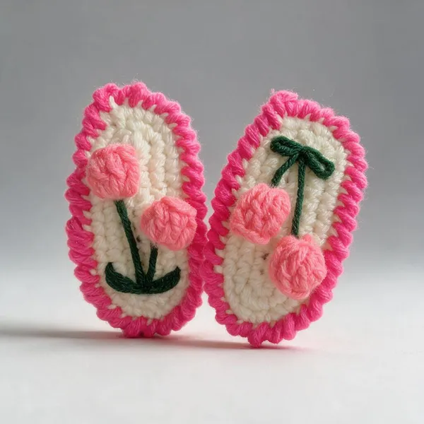 Pink_And_White_And_Green_Crochet_Yarn_Hair_Clip_For_Girls,_Hair_Styling,_Daily_Wear_Pack_Of_4