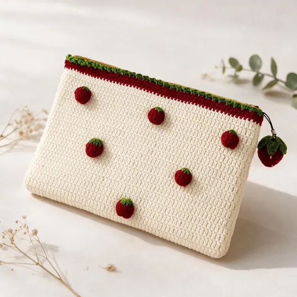 Red_And_White_Crochet_Yarn_Pencil_Pouch_For_Gifting,_Decorative_Use,_Accessories