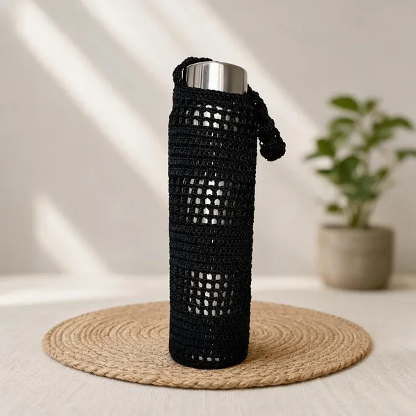 Black_Crochet_Yarn_Water_Bottle_Holder_For_Travel,_Bottle_Protection,_Daily_Use