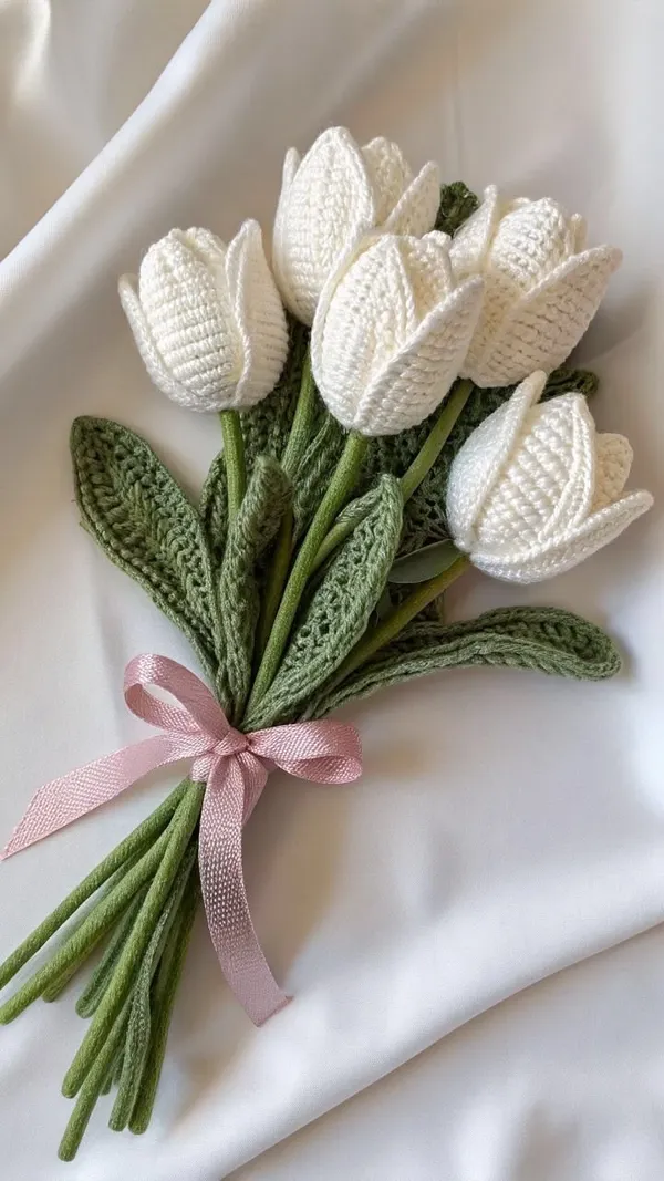 White_And_Green_Crochet_Yarn_Artificial_Flower_Bouquet_For_Home_Decor,_Gifting,_Decorative_Use