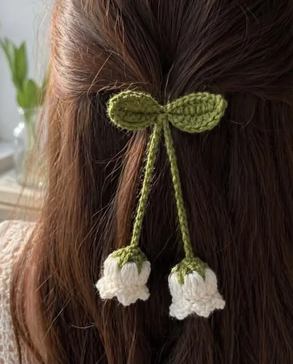 White_And_Green_Crochet_Yarn_Hair_Accessory_For_Women,_Hair_Styling,_Daily_Wear
