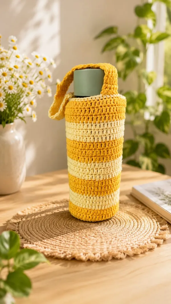 Yellow_Crochet_Yarn_Water_Bottle_Holder_For_Travel,_Daily_Use,_Outdoor_Use