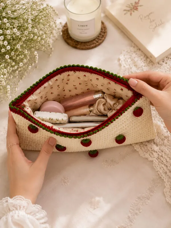 Red_And_White_Crochet_Yarn_Pencil_Pouch_For_Gifting,_Decorative_Use,_Accessories