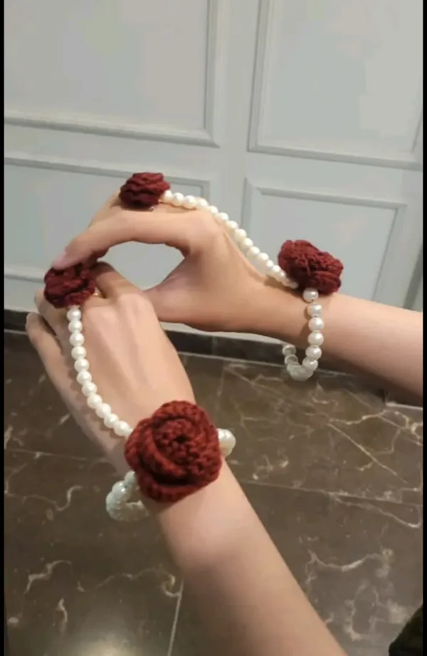 Red_And_White_Crochet_Yarn_Beaded_Bracelet_For_Women,_Gifting,_Accessories