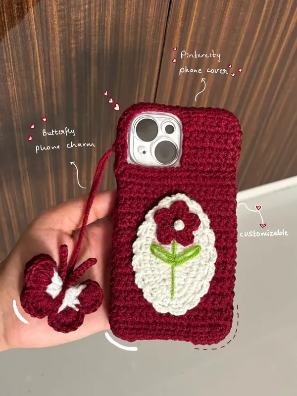 Maroon_And_White_Crochet_Yarn_Phone_Cover_For_Women,_Phone_Accessories,_Protection