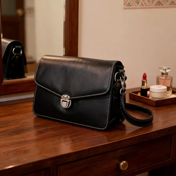 Black_Leather_Structured_Flap_Shoulder_Bag_For_Women