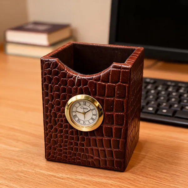 Brown_Crocodile_Print_Leather_Desk_Organizer_With_Clock