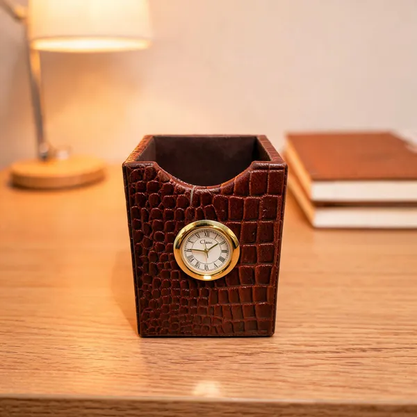 Brown_Crocodile_Print_Leather_Desk_Organizer_With_Clock