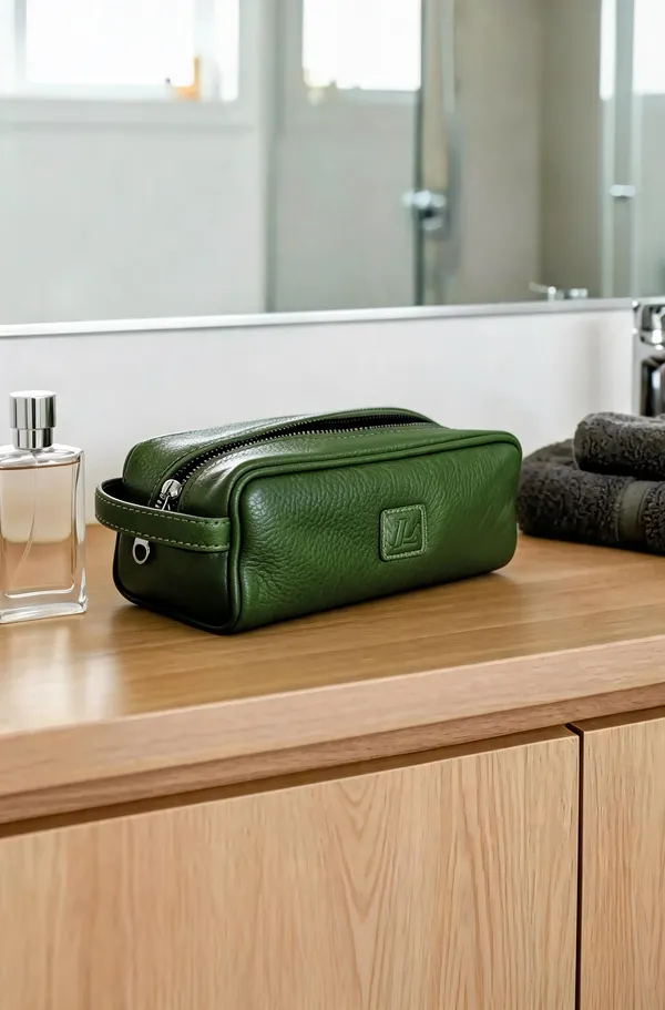 Green_Leather_Textured_Toiletry_Bag_For_Unisex