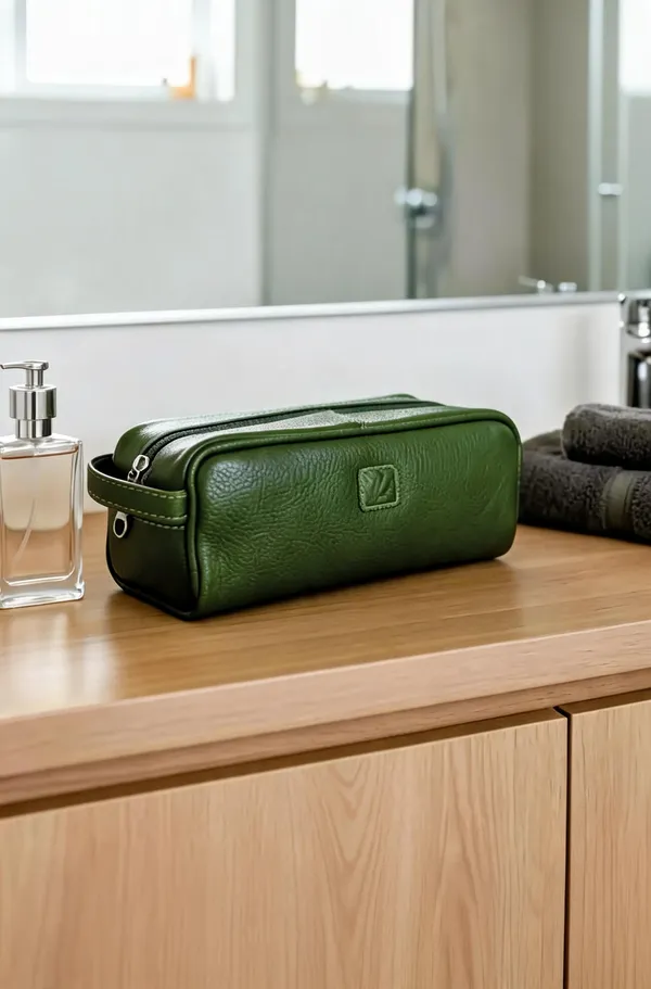 Green_Leather_Textured_Toiletry_Bag_For_Unisex