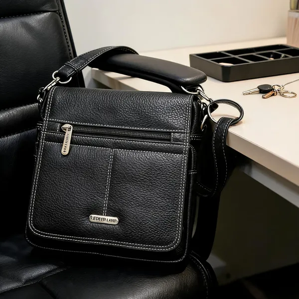 Black_Leather_Textured_Crossbody_Bag_For_Men