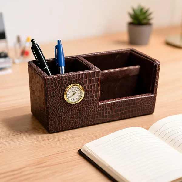 Leather_Crocodile_Pattern_Desk_Organizer_With_Clock