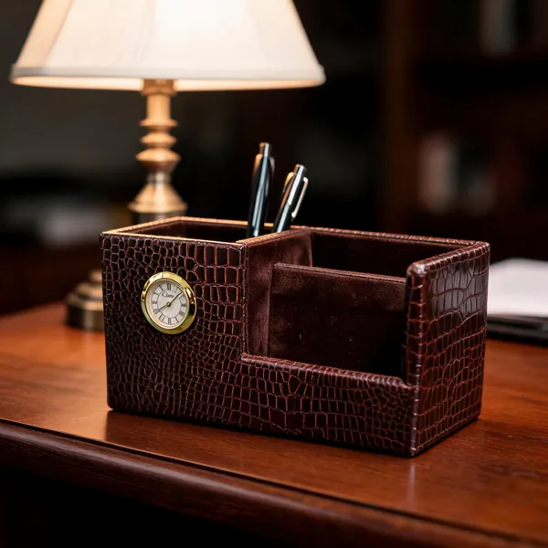 Leather_Crocodile_Pattern_Desk_Organizer_With_Clock
