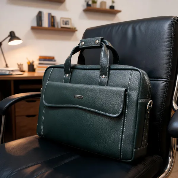 Green_Leather-Look_Structured_Briefcase_For_Men