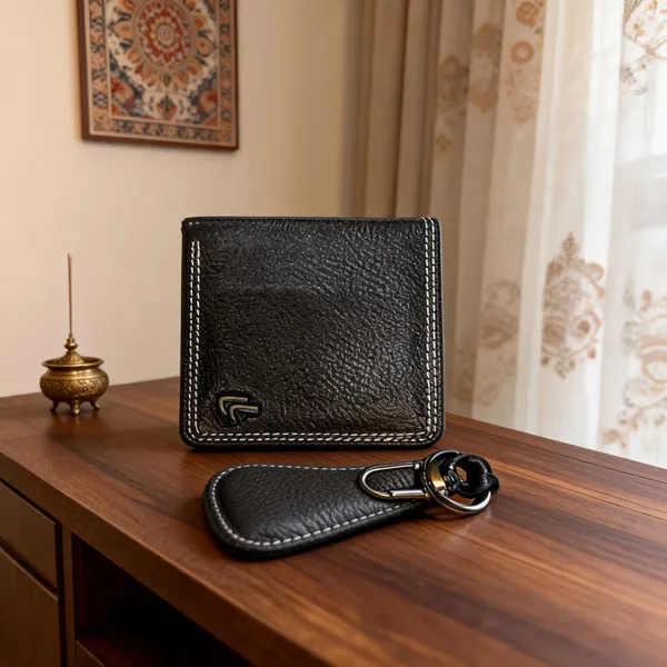 Black_Leather_Textured_Wallet_And_Keychain_Set_For_Men