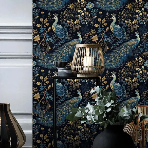 Dark_Blue_Peacock_Floral_Pattern_Decorative_Wallpaper