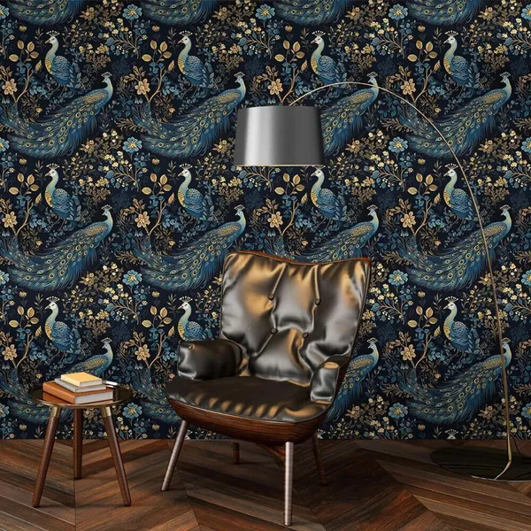 Dark_Blue_Peacock_Floral_Pattern_Decorative_Wallpaper
