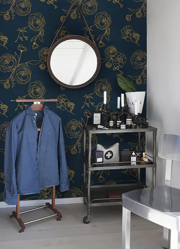 Navy_Modern_Floral_Pattern_Wallpaper