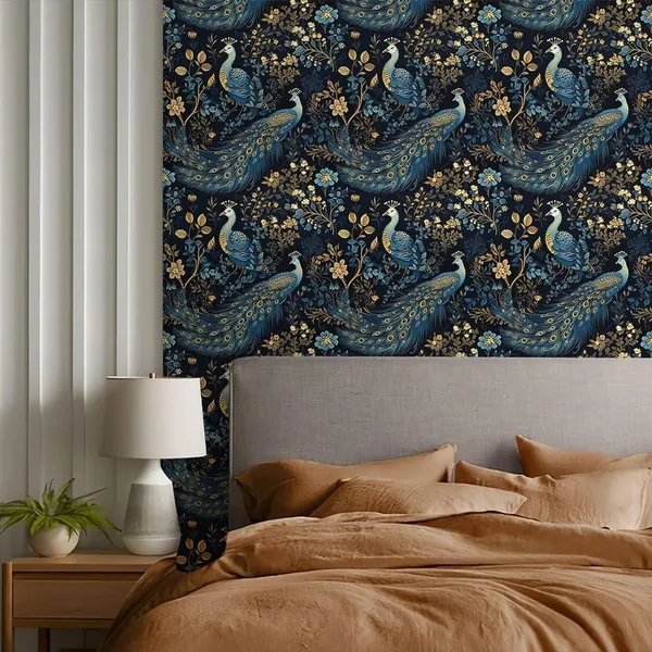 Dark_Blue_Peacock_Floral_Pattern_Decorative_Wallpaper