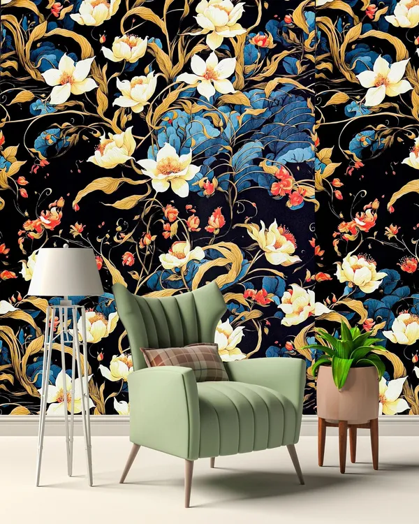 Black_Floral_Print_Wall_Wallpaper_Roll