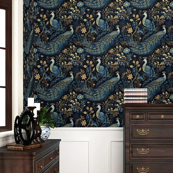 Dark_Blue_Peacock_Floral_Pattern_Decorative_Wallpaper