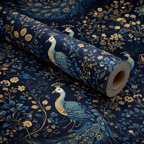 Dark_Blue_Peacock_Floral_Pattern_Decorative_Wallpaper