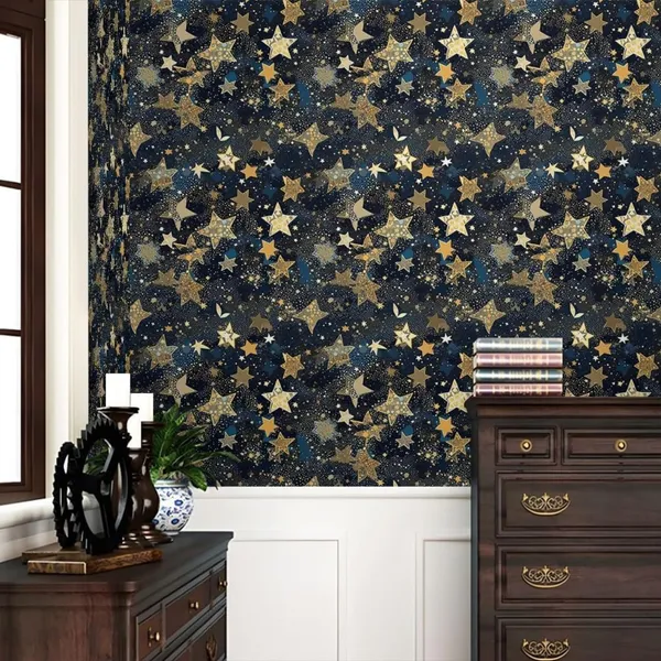 Removable_Gold_Star_Pattern_Decorative_Wallpaper