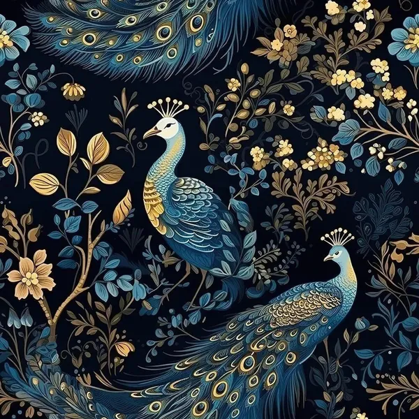 Dark_Blue_Peacock_Floral_Pattern_Decorative_Wallpaper