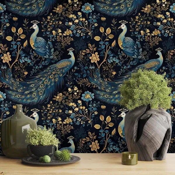 Dark_Blue_Peacock_Floral_Pattern_Decorative_Wallpaper