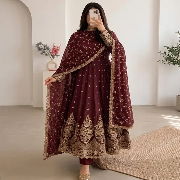 DEKEANSHKA®_Designer_Wine_Burgundy_Embroidered_Gown_With_Dupatta_&_Pant_Set
