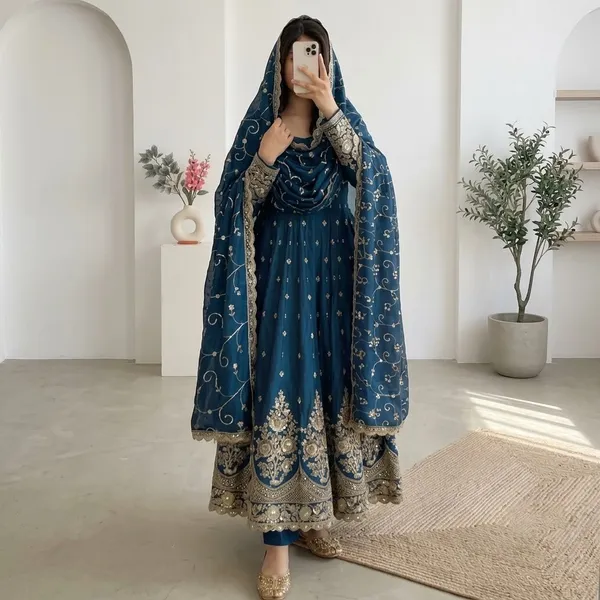DEKEANSHKA®_Designer_Navy_Blue_Embroidered_Gown_With_Dupatta_&_Pant_Set