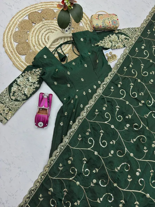 DEKEANSHKA®_Designer_Bottle_Green_Embroidered_Gown_With_Dupatta_&_Pant_Set