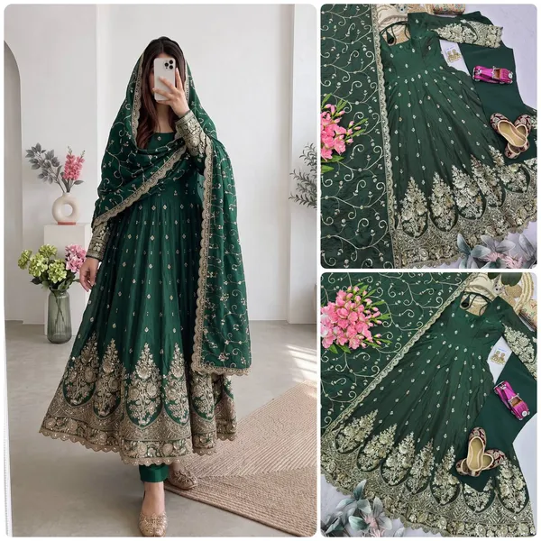 DEKEANSHKA®_Designer_Bottle_Green_Embroidered_Gown_With_Dupatta_&_Pant_Set