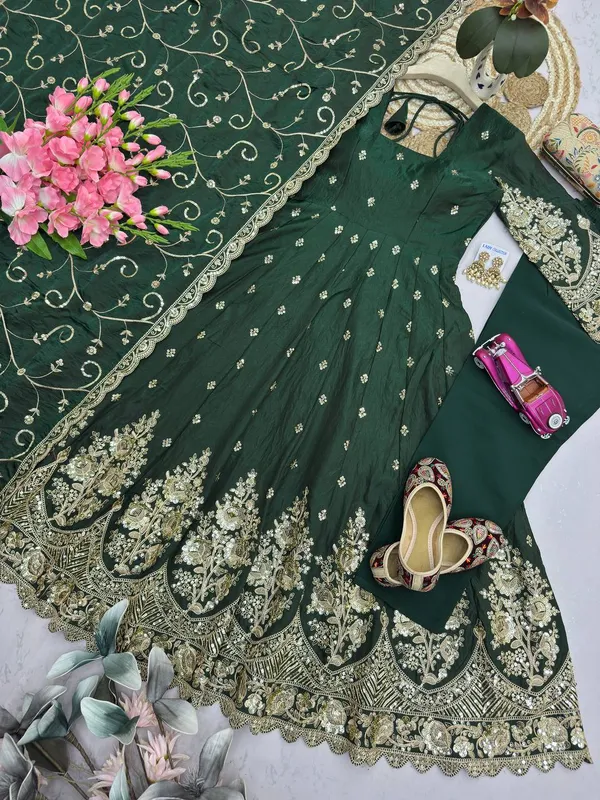 DEKEANSHKA®_Designer_Bottle_Green_Embroidered_Gown_With_Dupatta_&_Pant_Set