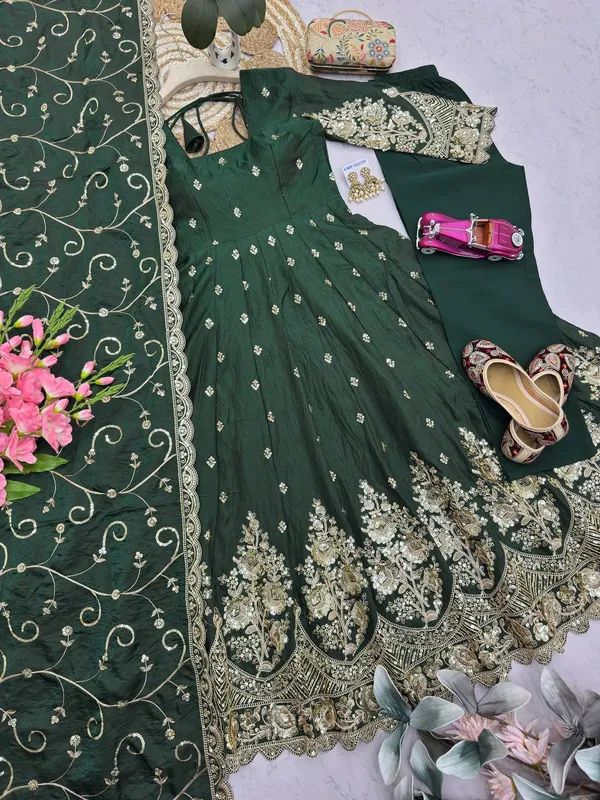 DEKEANSHKA®_Designer_Bottle_Green_Embroidered_Gown_With_Dupatta_&_Pant_Set