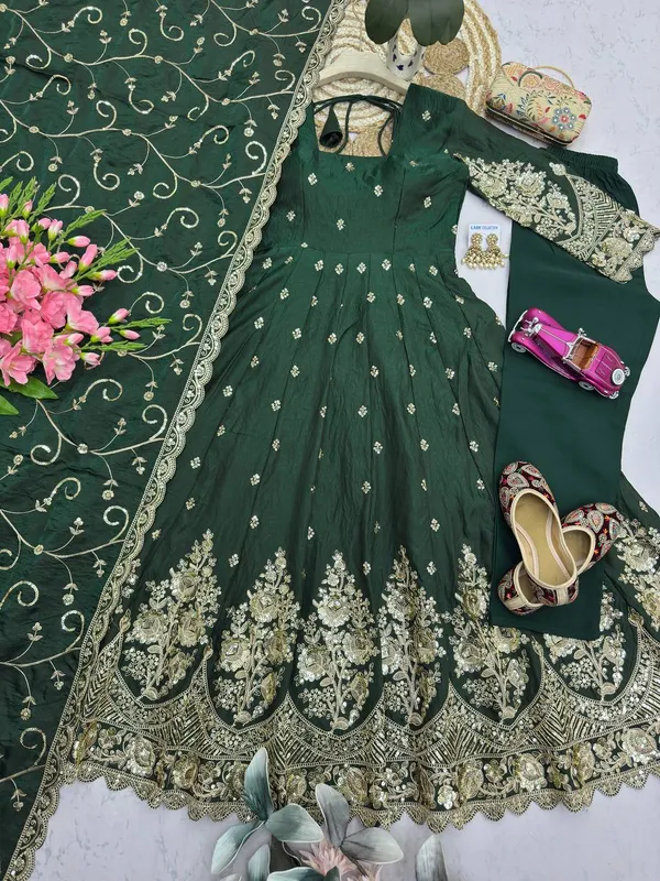 DEKEANSHKA®_Designer_Bottle_Green_Embroidered_Gown_With_Dupatta_&_Pant_Set