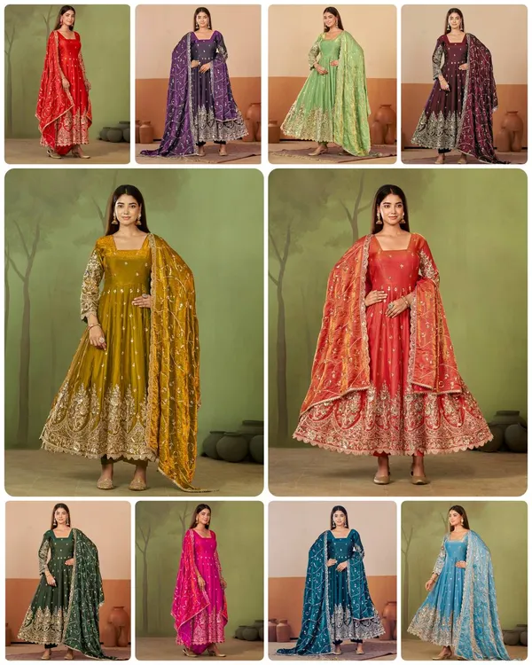 DEKEANSHKA®_Designer_Bottle_Green_Embroidered_Gown_With_Dupatta_&_Pant_Set