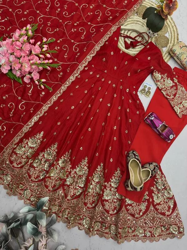 DEKEANSHKA®_Designer_Bridal_Red_Embroidered_Gown_With_Dupatta_&_Pant_Set