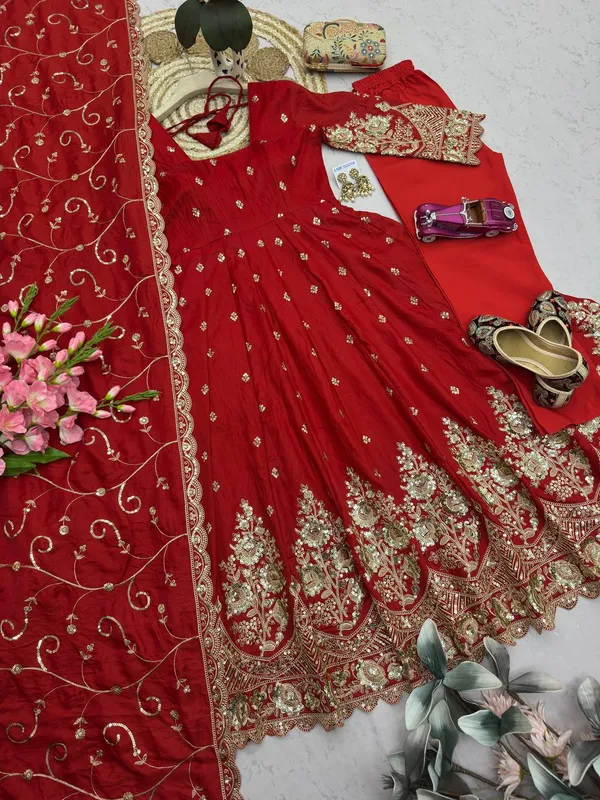 DEKEANSHKA®_Designer_Bridal_Red_Embroidered_Gown_With_Dupatta_&_Pant_Set