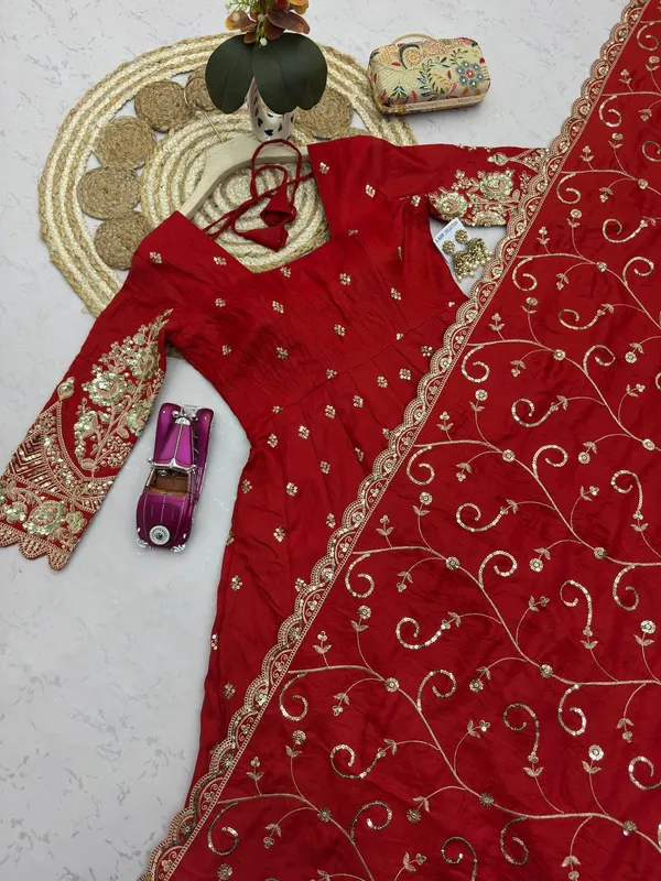 DEKEANSHKA®_Designer_Bridal_Red_Embroidered_Gown_With_Dupatta_&_Pant_Set